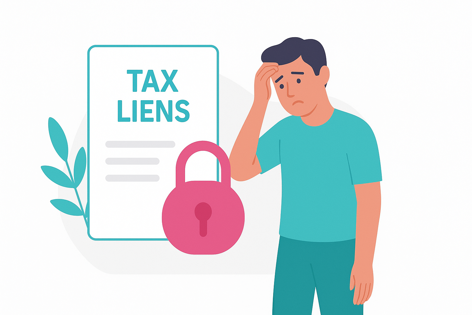 Illustration of a worried man standing next to a document labeled 'TAX LIENS' with a large pink padlock.