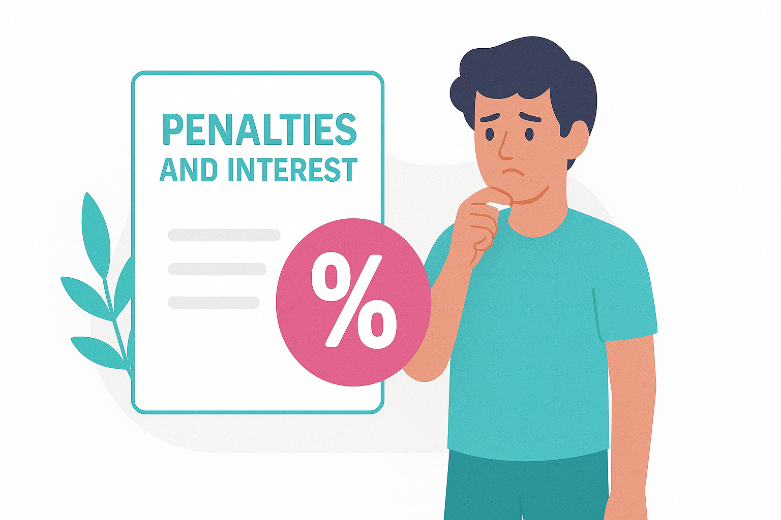 Illustration of a worried man standing next to a document labeled Penalties and Interest with a percentage symbol.