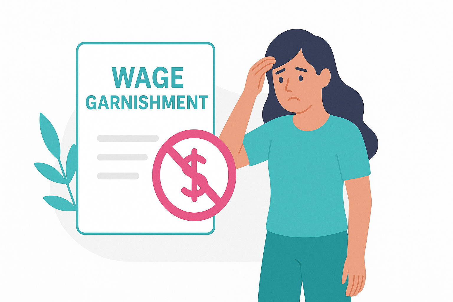 Illustration of a worried woman holding her head next to a sign reading 'Wage Garnishment' with a crossed-out dollar symbol.