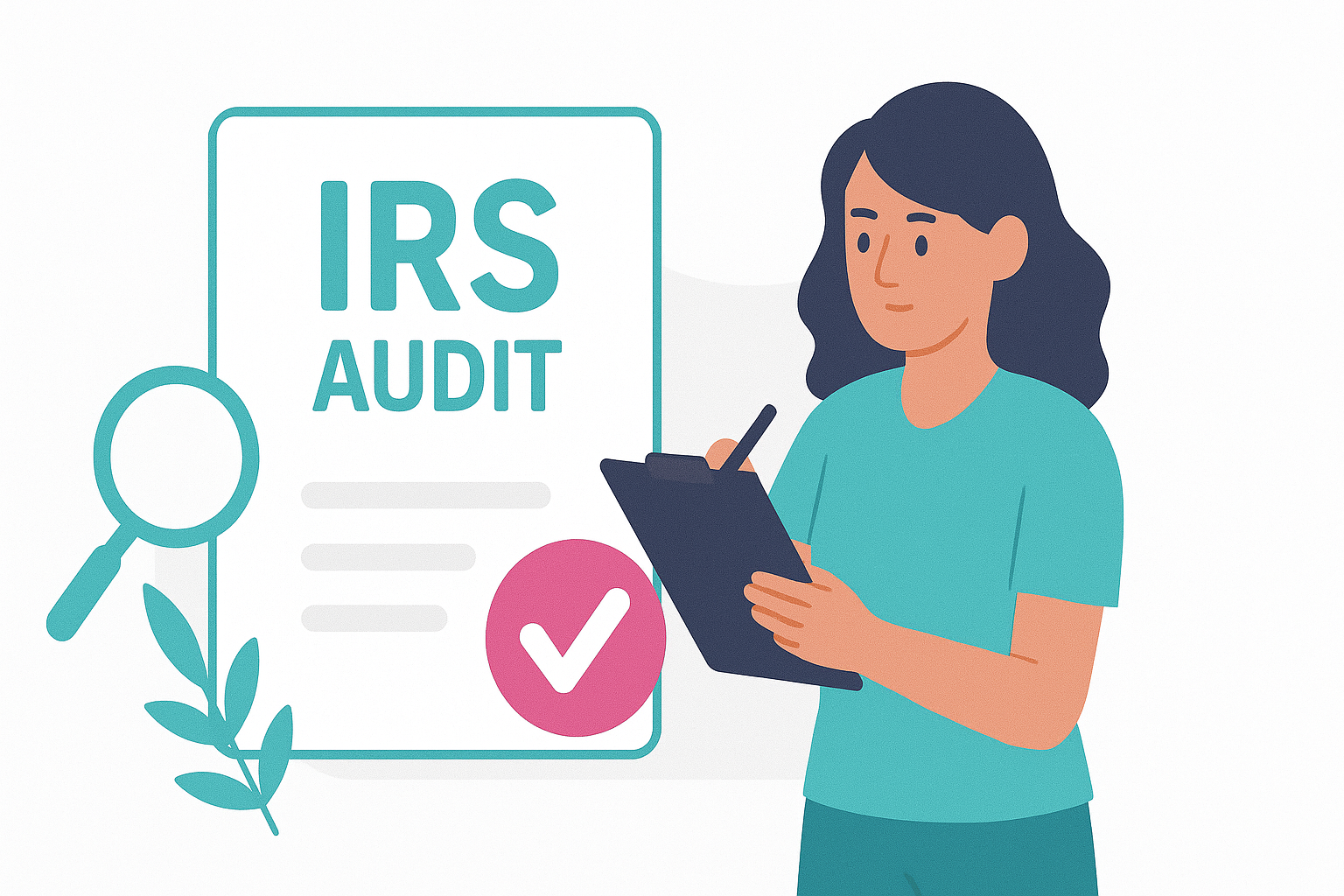 Illustration of a woman holding a clipboard, standing next to a document labeled IRS Audit with a magnifying glass and a checkmark symbol.