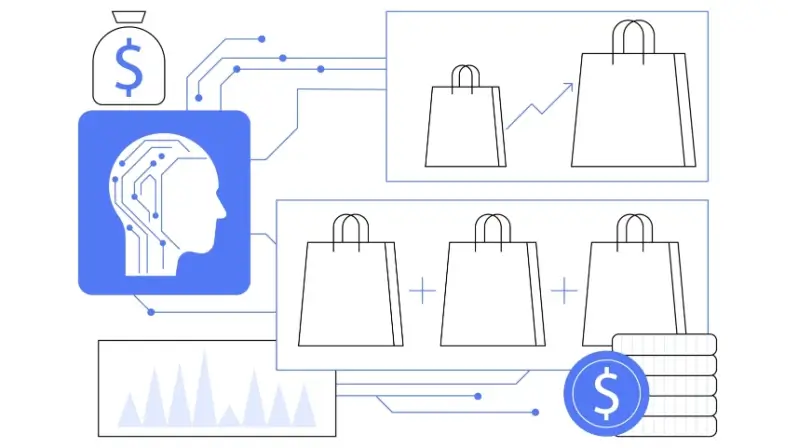 AI suggesting additional products during online purchases, enhancing customer experience and revenue abstract metaphor.