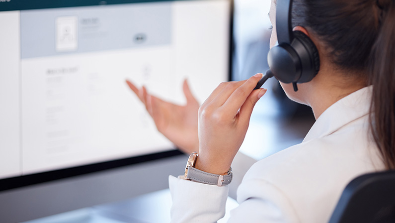 Computer screen, call center or woman consulting in telecom communications company in help desk. Faq, crm or female insurance sales agent problem solving online in technical or customer support