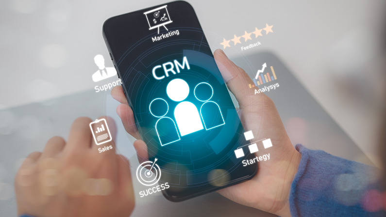 CRM Customer Relationship Management for business sales marketing system concept presented in futuristic graphic interface of service application to support CRM database analysis.