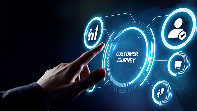 Inscription Customer journey on the virtual display. Business Technology Internet and network concept