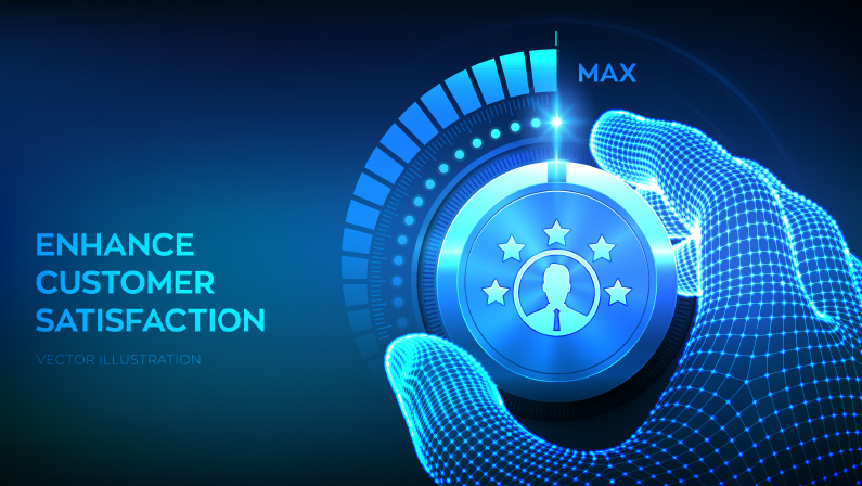 Customer satisfaction. Customer survey and feedback analytics. Wireframe hand turning a test knob to the maximum position. Using AI and automation technology in marketing. Vector illustration.