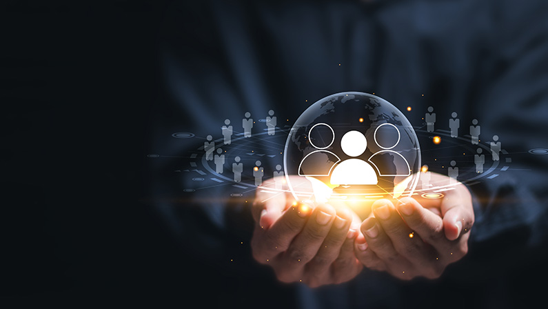 Customer relationship management concept. Person holding virtual globe with CRM icon for customer focus group. Data exchanges development and customer service.