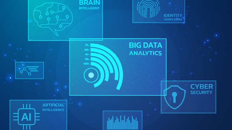 Abstract Data Management Analytics dashboard System digital hologram vector design concept. Dashboard Data working for big data analytics, cyber security, identity verification, brain, Ai technology.
