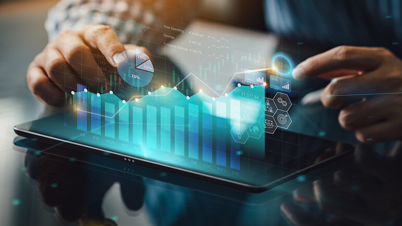Business analysis big data screen and economic growth with financial graph. Concept of virtual dashboard technology digital marketing and global economy network connection. 3D illustration.