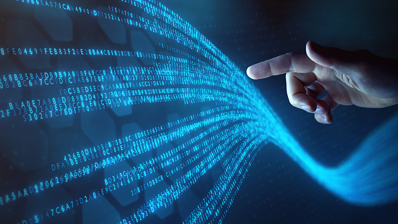 Big data technology and data science with person touching data flowing on virtual screen. Business analytics, artificial intelligence, machine learning. Engineer or scientist analyzing stream of data.