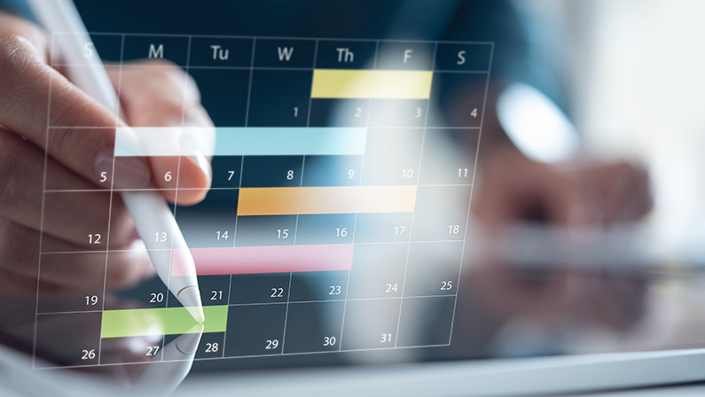 Calendar planner organization management remind, event planning concept. Manager using digital tablet for business event planning on digital calendar planner at office. electronic organizer
