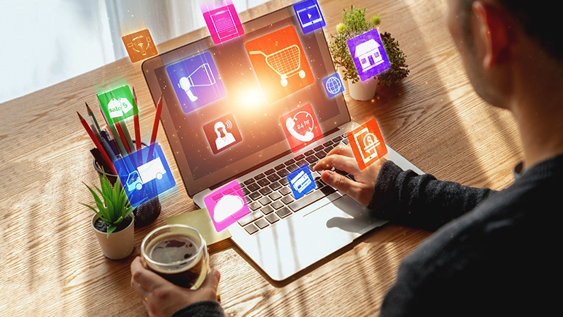 Omni channel technology of online retail business approach. Multichannel marketing on social media network offer service of internet payment channel, online retail shopping and omni digital app