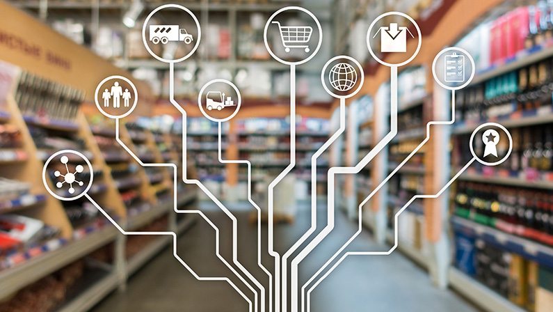 Retail concept marketing channels E-commerce Shopping automation on blurred supermarket background.