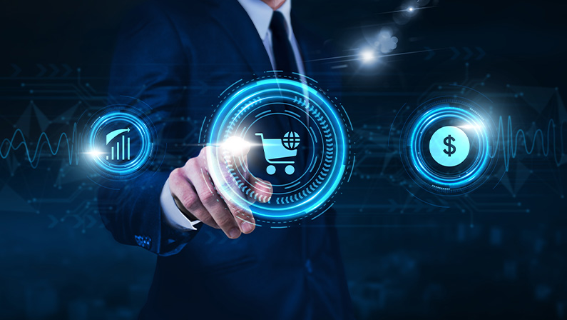 E-commerce, digital payment systems, businessman touch of online shopping icon. Data exchange on digital network connection, logistics management, cybersecurity measures.