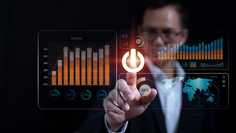 Using AI technology, data analytics is automated. Automation of artificial intelligence, big data, and business analytics. Touch screen dashboard report with KPI insights and sales,operational charts.