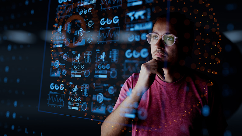 Man look at the dashboard with graphs and charts. Concept of data management system, business intelligence, data statistics, marketing analysis, key performance indicators (KPI) and analytics.