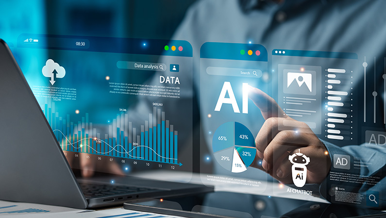 Businessman analyzes data using AI technology to work with tools, Chatbot data or chat with AI with Robot. Concept, AI smart robot technology, artificial intelligence, helping to solve work problems.