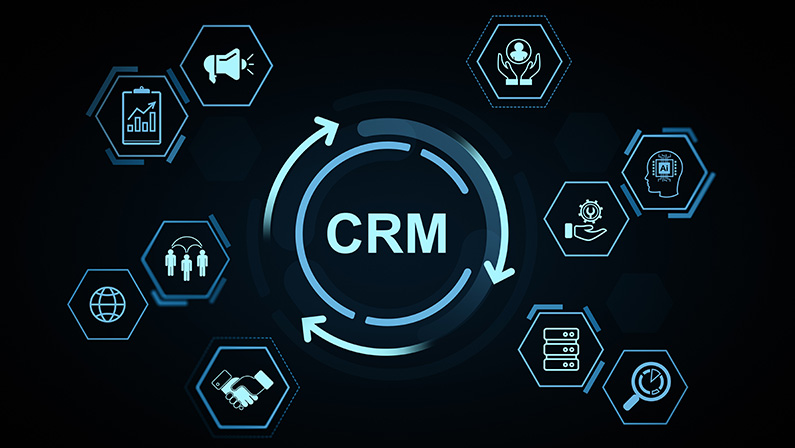 CRM digital system concept with glowing blue icons for AI, data, marketing, communication, and analytics on dark background. 3D Rendering