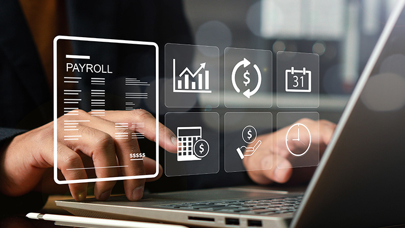 Payroll Management and Financial Processing System. payment of salaries to employees. Businessman works on payroll management with icons for payment, scheduling, and efficient payroll operations.