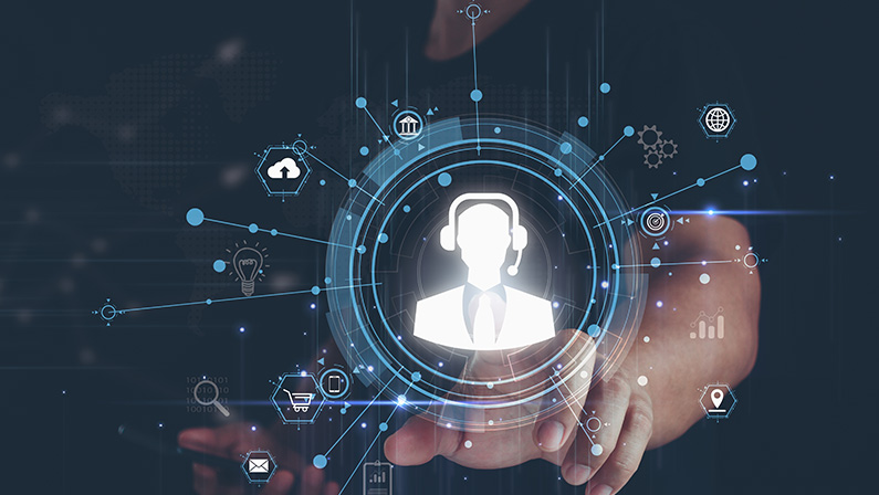 Business people click Customer Support on global structure network, Customer Service, Assistance, Solutions, Satisfaction, and Accessibility. Technical support customer service call center 24-7 online