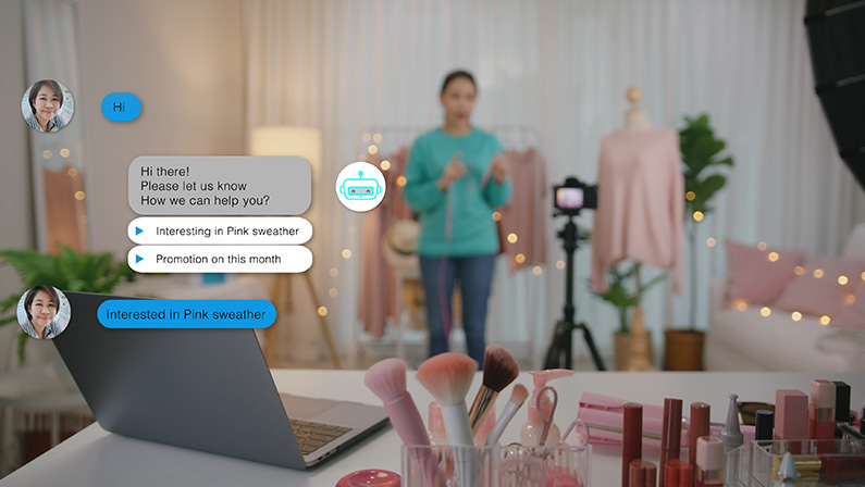 Cheerful SME owner vlogger live sell on Smart CRM martech B2C IOT app helping seller talk ask answer buy or advice data on AI bot outline chat speech bubble dialog screen. Sale shop website program.