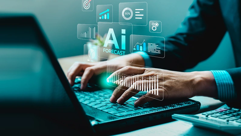 Businessman using AI-powered forecasting system on laptop, futuristic digital interface showing analytics, data prediction charts for business planning, finance strategy, and machine learning insight
