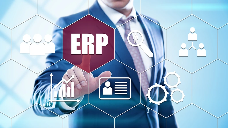 business, technology, internet and virtual reality concept - businessman pressing enterprise resource planning button on virtual screens with hexagons and transparent honeycomb