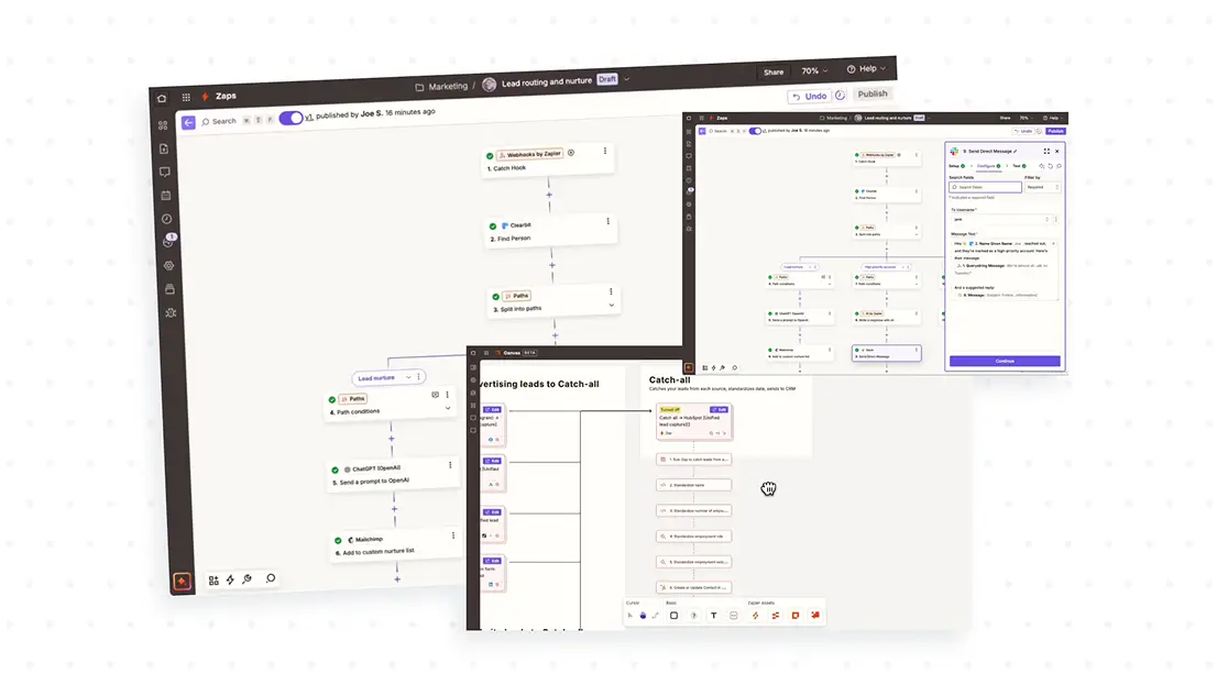 multiple screens of zapier automation setups
