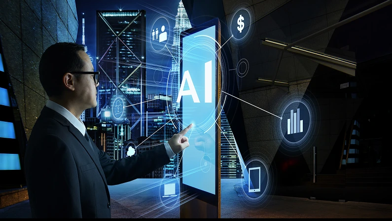 Businessman touching "AI" word on screen of digital booth with fintech infographic. Hi-tech business concept .