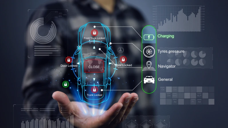 The user holds a car hologram in his hand and monitors the engine and operation of the electric vehicle, reporting on virtual screen such as tire pressure, navigation, charging and general systems.