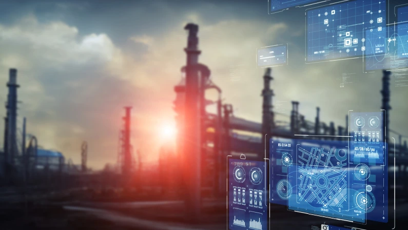 Factory plumbing and technology concept. Wide angle visual for banners or advertisements.