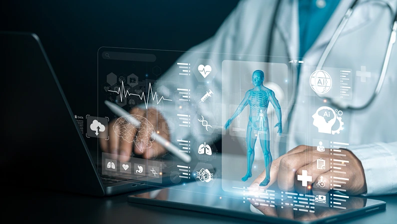 Medical technology: Doctors using advanced AI technology. Virtual medical tools and technology advancements. Artificial intelligence. AI deep learning. Medical research. Future technological precision