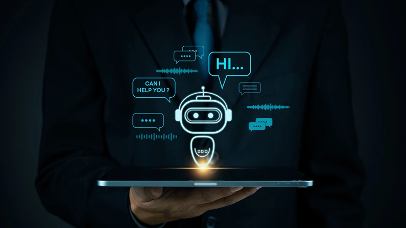 AI chatbot technology, virtual assistant for customer service, futuristic smart automation, AI-powered chatbot on tablet, digital business support, artificial intelligence conversation bot.