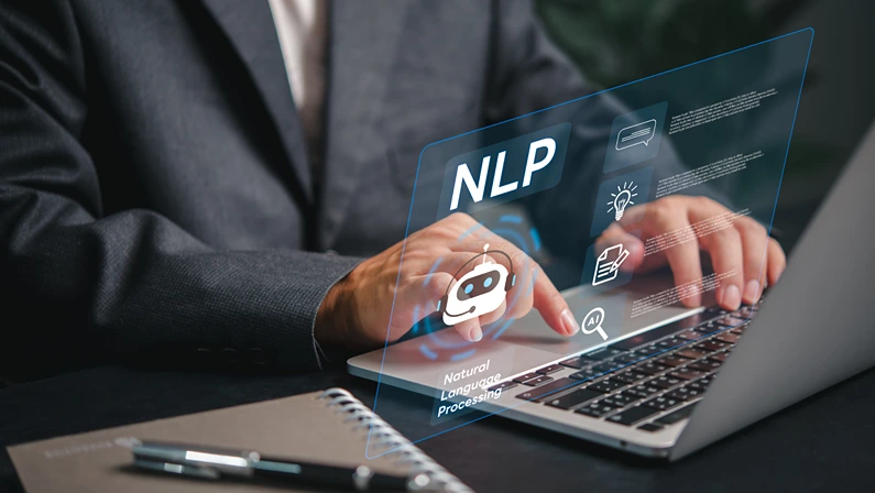 Professional with AI and NLP graphics, highlighting cutting-edge tech in business. showcasing innovation