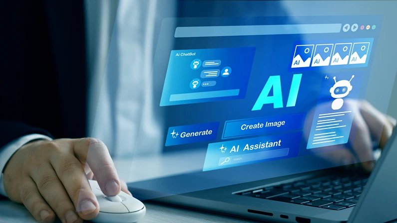 Person using laptop with Ai Content Generator. Interaction with the Ai assistant to solve some tasks more easily. Image generator, documents, marketing and advertising, bot writing and coding.