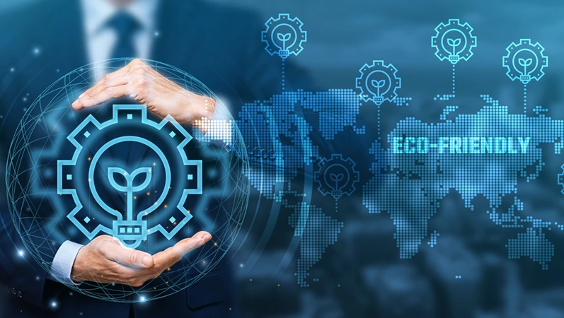 Hand holding global network connection on sustainability, innovation, efficiency, clean energy, resource management, technology, and futuristic green solutions.