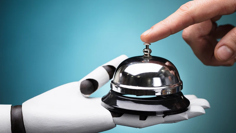 Person's Ringing Service Bell Hold By Robot On Turquoise Background