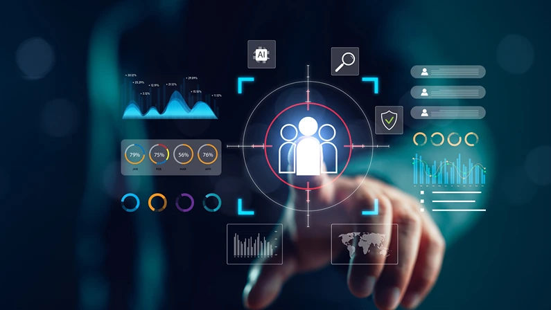 Futuristic interface showing customer data analytics and AI-driven target audience identification. Ideal for marketing, CRM, and business intelligence concepts.