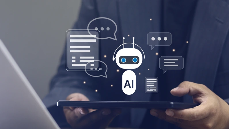 Businessman using smartphone with hologram AI chatbot. This concept is about business and technology, advanced digital assistance, artificial intelligence and customer service.