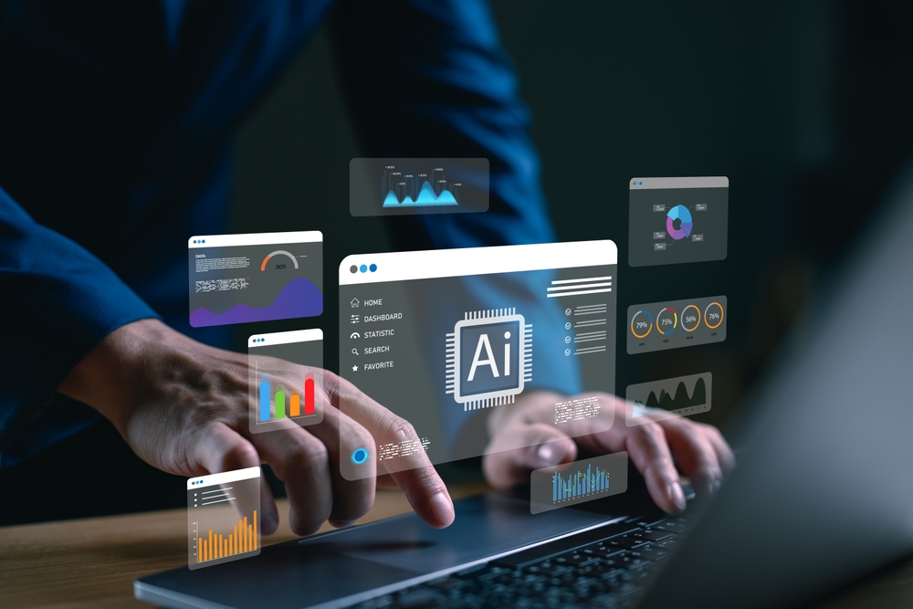 Businessman using laptop with AI data analytics dashboard interface