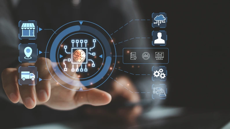 Business people touch supply chain icons by artificial intelligence technology for AI technology in logistics and supply chain management concept. More accurate, reliable and cost effective operation.