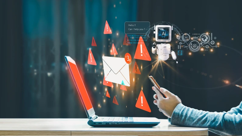 AI cybersecurity assistance concept. A person uses a smartphone while a laptop displays email notifications with red warning icons, as an AI robot offers help for potential threats.