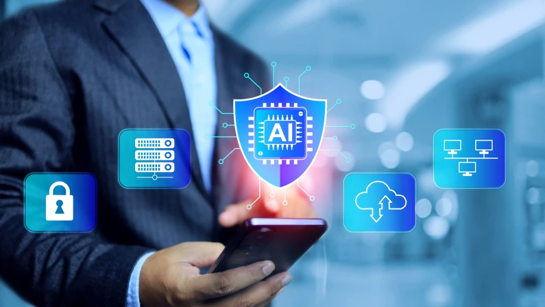 AI cyber security concept with a businessman protect business information and defense a malware by artificial intelligence technology