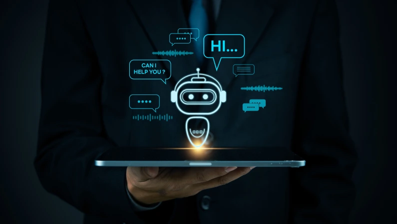 AI chatbot technology, virtual assistant for customer service, futuristic smart automation, AI-powered chatbot on tablet, digital business support, artificial intelligence conversation bot.