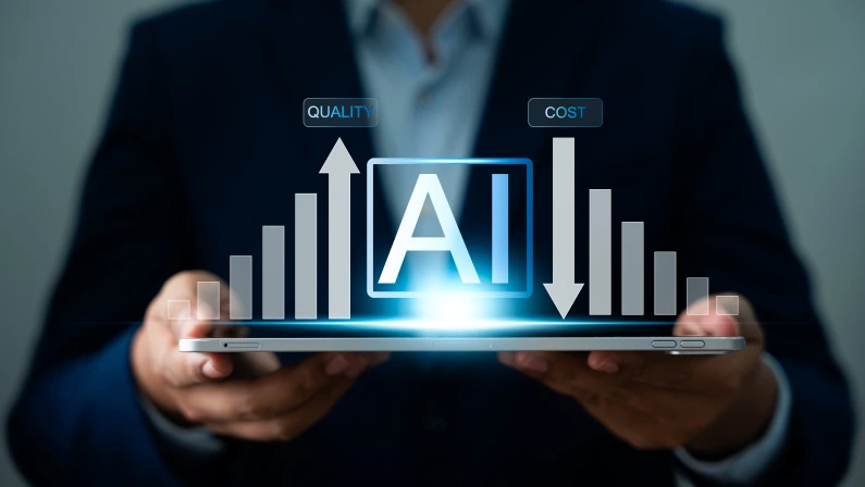 AI powered business optimization, Cost reduction and Quality control, Artificial Intelligence driven automation optimizes workflows, Improves quality, Reduces expenses in business operations. 