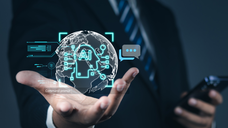 Artificial Intelligence (AI), Businessman holding AI Circuit Innovation in Brain's Network Connection for Software Development. AI Futuristic Business Innovation in Network Synchronization, IoT.	