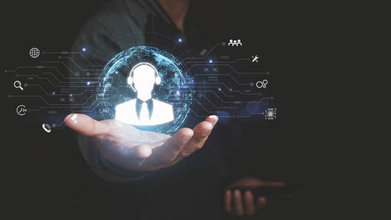 Customer support and technical service concept. Businessman hand holding virtual support agent icon. Customer assistance, communication, troubleshooting,  client service in a connected global network.