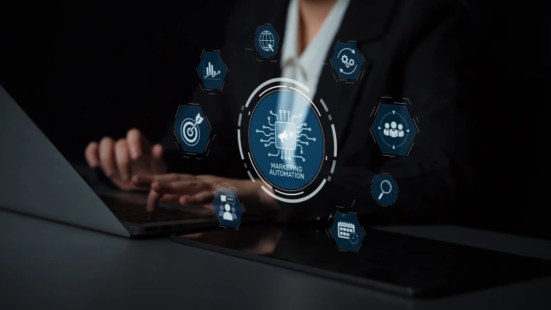 Marketing automation diagram showcase AI-driven campaign workflow, highlight marketing automation, data-driven strategy, marketing automation tools, and market automation process in business. Muxer