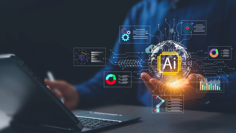 Artificial intelligence technology concept, future smart assistant, AI operating system, GPT chat command, software to work with humans, businessmen use technology to analyze data effectively.