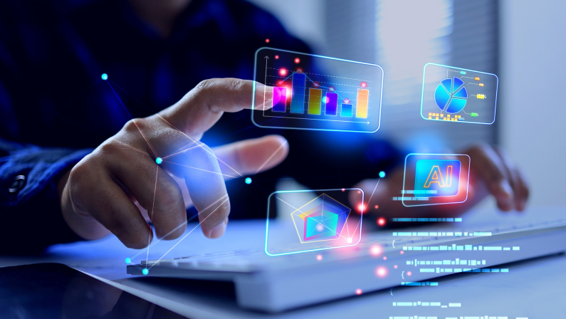 AI data analysis concept with a man using AI artificial intelligence including machine learning to automatically find patterns, predict trends, and extract insights faster and more deeply