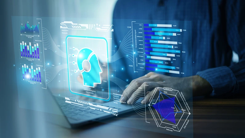 businessman using AI-powered CRM technology on a laptop to analyze customer data and optimize marketing strategies.